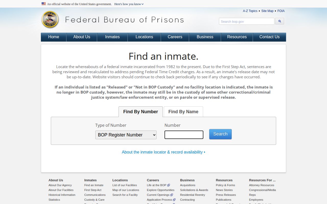Federal Bureau of Prisons inmate locator form for Treutlen County federal custody questions