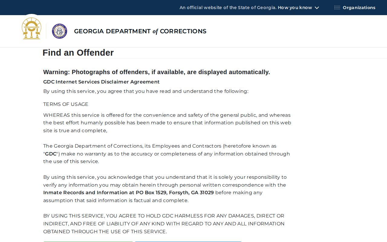 Georgia Department of Corrections offender search form for Treutlen County custody records