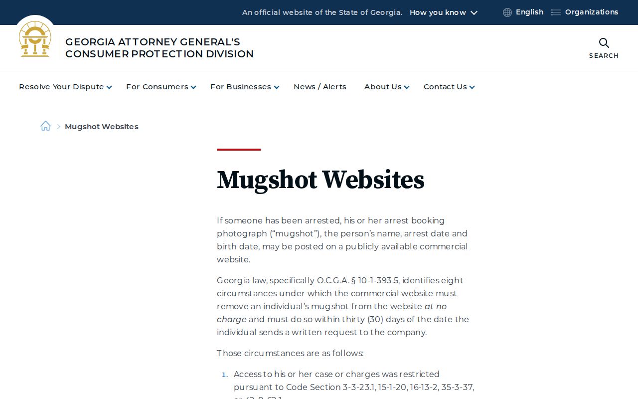 Georgia Attorney General guidance on mugshot publication and removal for Treutlen County records
