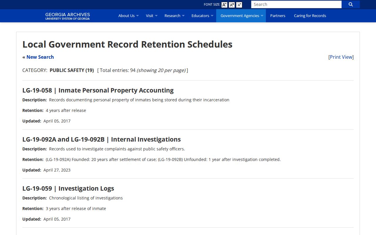 Georgia Archives public-safety retention schedule for Treutlen County jail booking records
