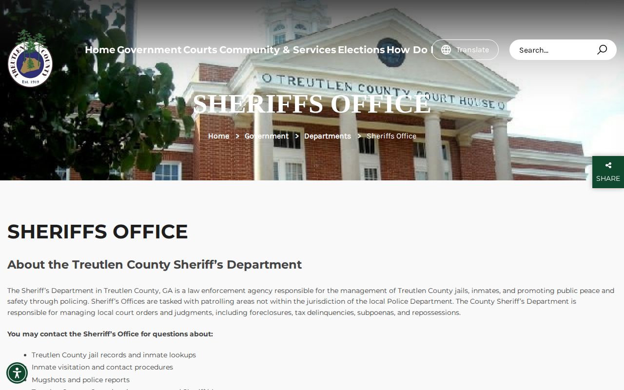 Treutlen County Sheriff's Department contact page for county jail booking records