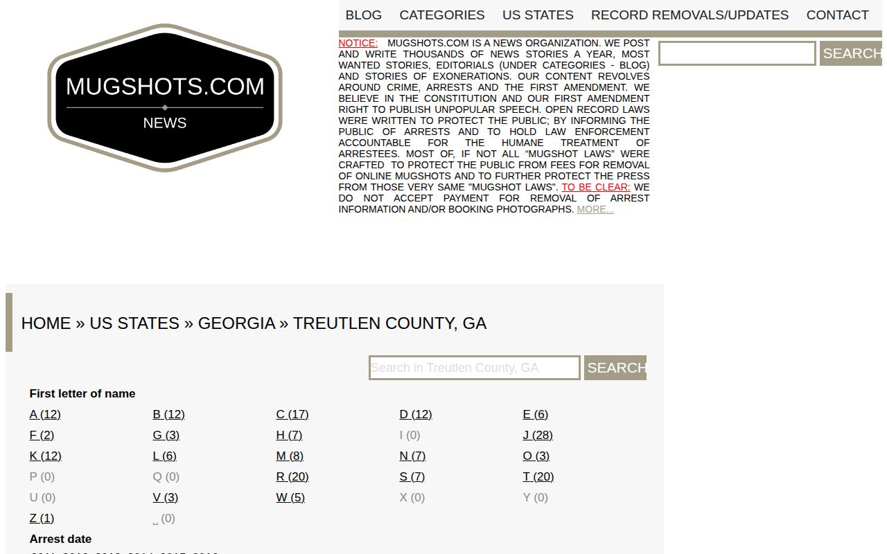 Historical Treutlen County Mugshots.com archive reference